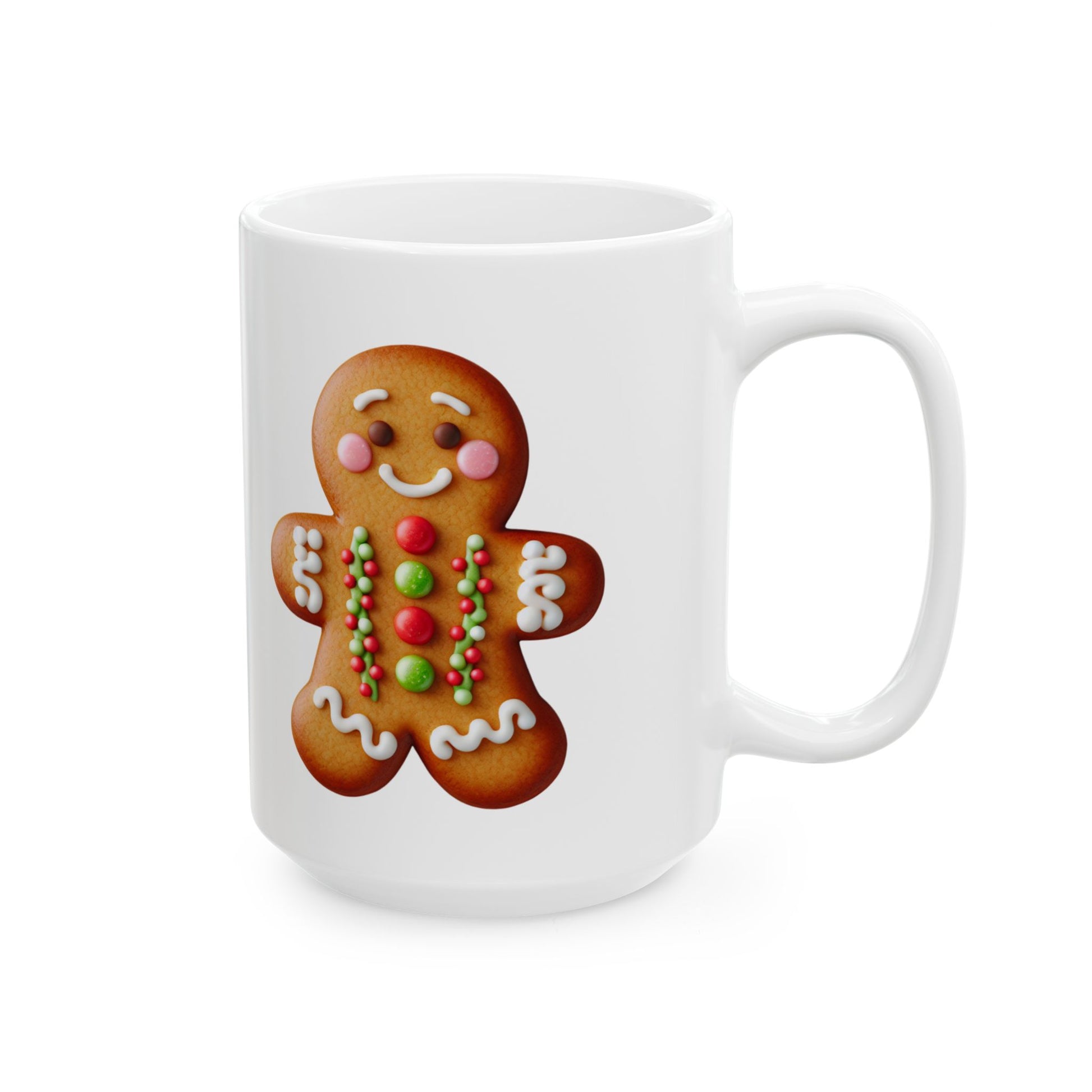 Gingy Cookie Ceramic Mug – holiday gingerbread mug with festive decor right handle