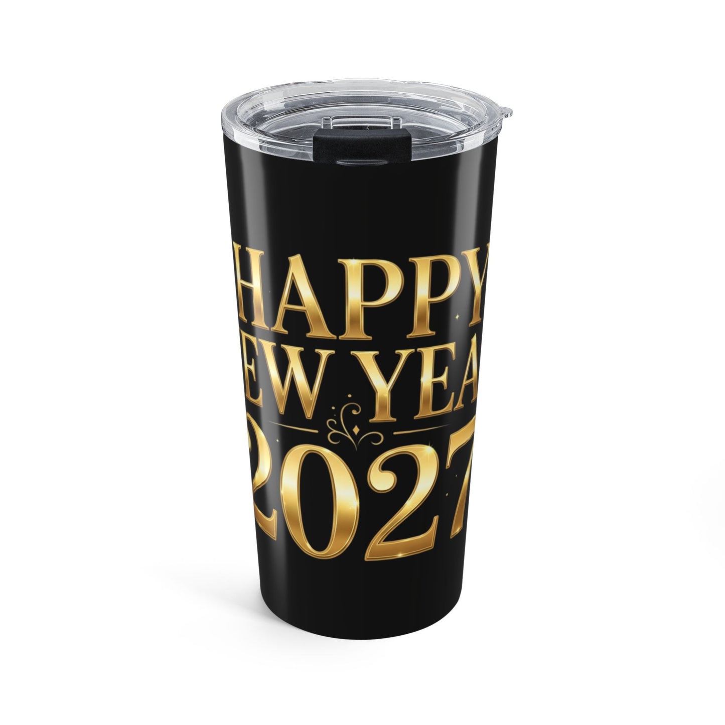 A black insulated travel tumbler with a clear lid, featuring a metallic gold foil design that reads 'HAPPY NEW YEAR 2027' on the front, set against a plain white background.