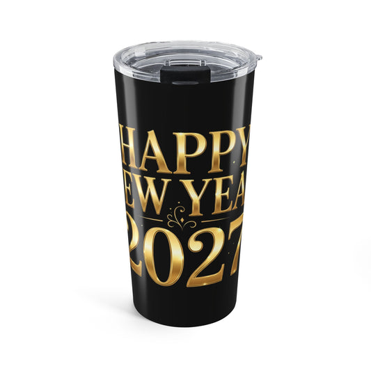 A black insulated travel tumbler with a clear lid, featuring a metallic gold foil design that reads 'HAPPY NEW YEAR 2027' on the front, set against a plain white background.