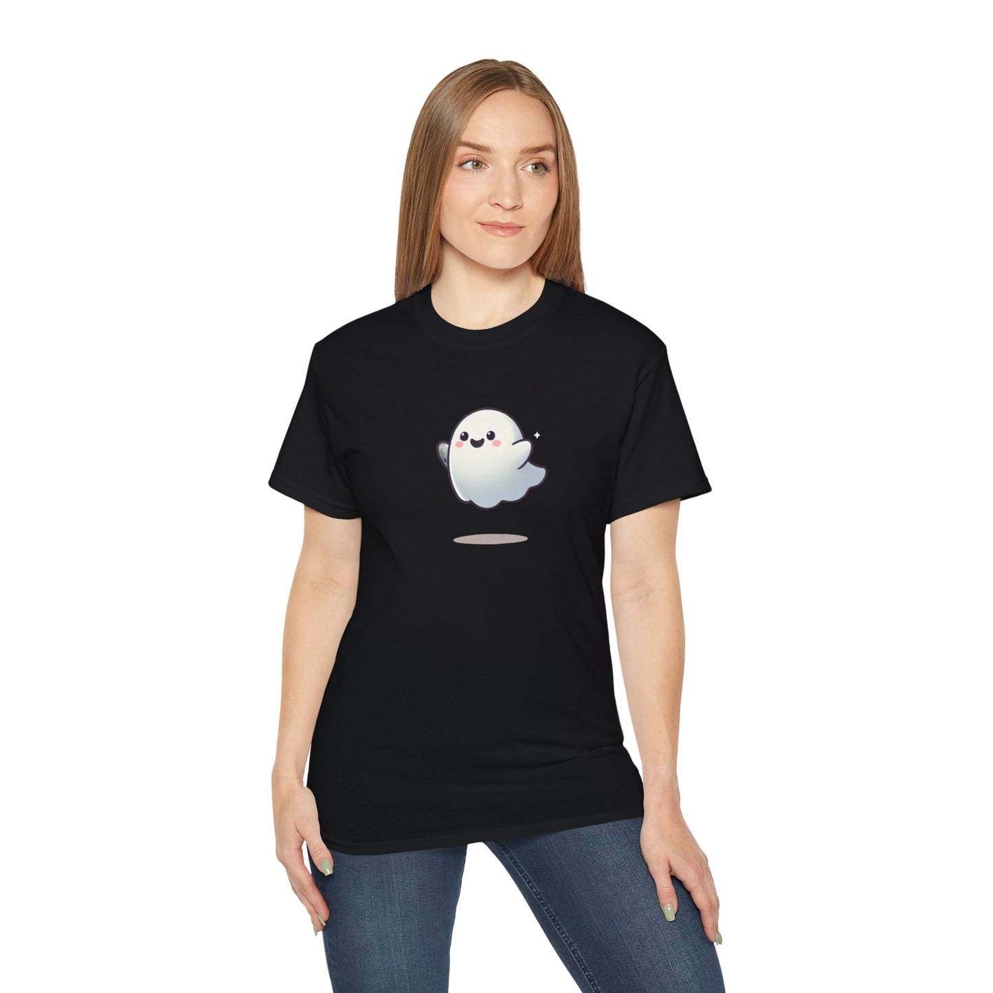 Person wearing a black t-shirt with a cartoon ghost design on a white background