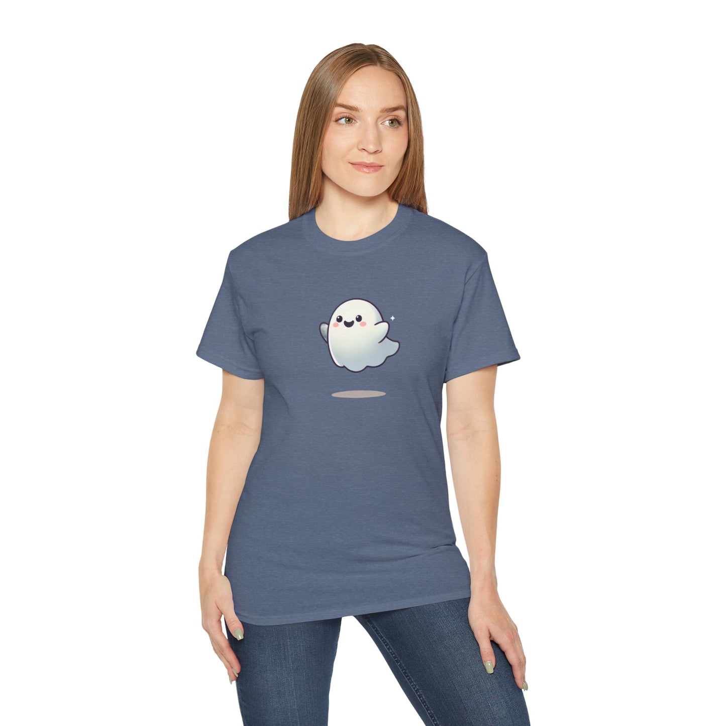 Person wearing a blue t-shirt with a cartoon ghost design on a white background