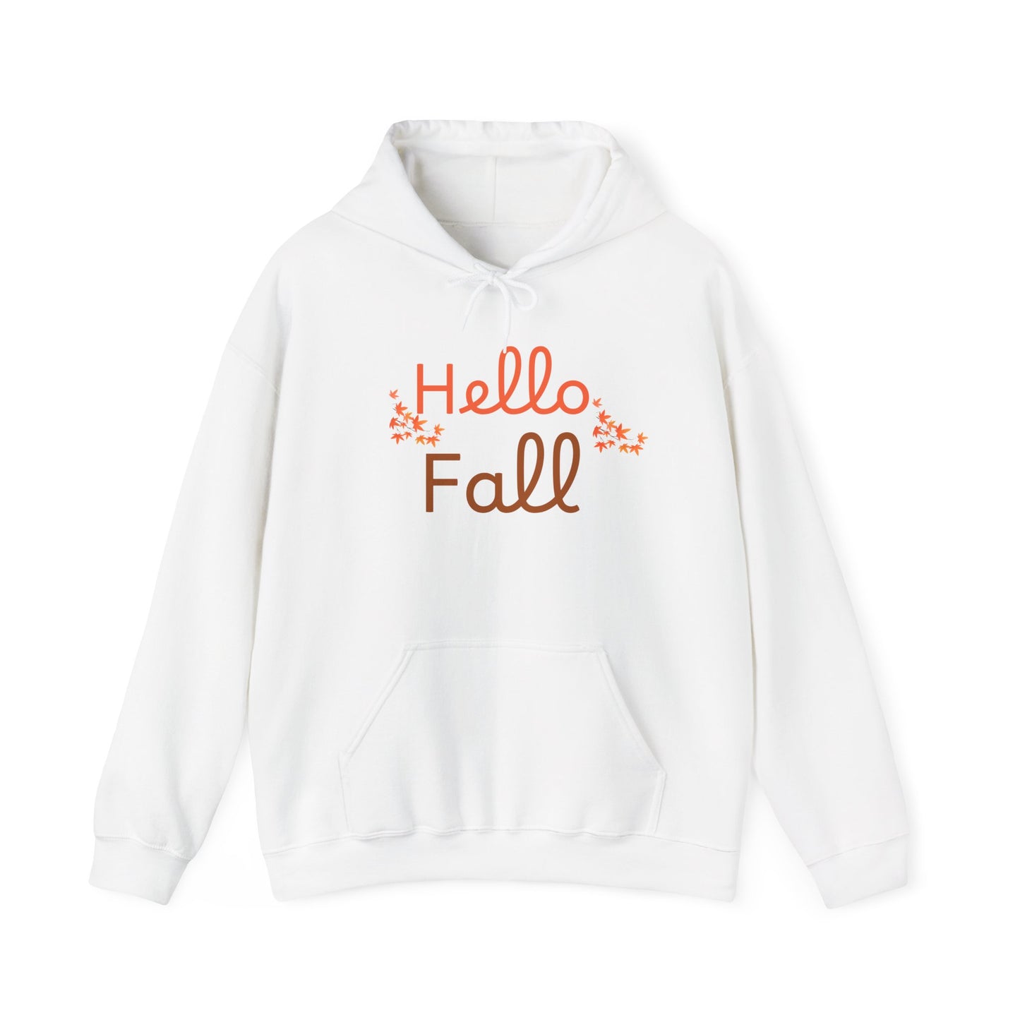 White hoodie with 'Hello Fall' text on a white background