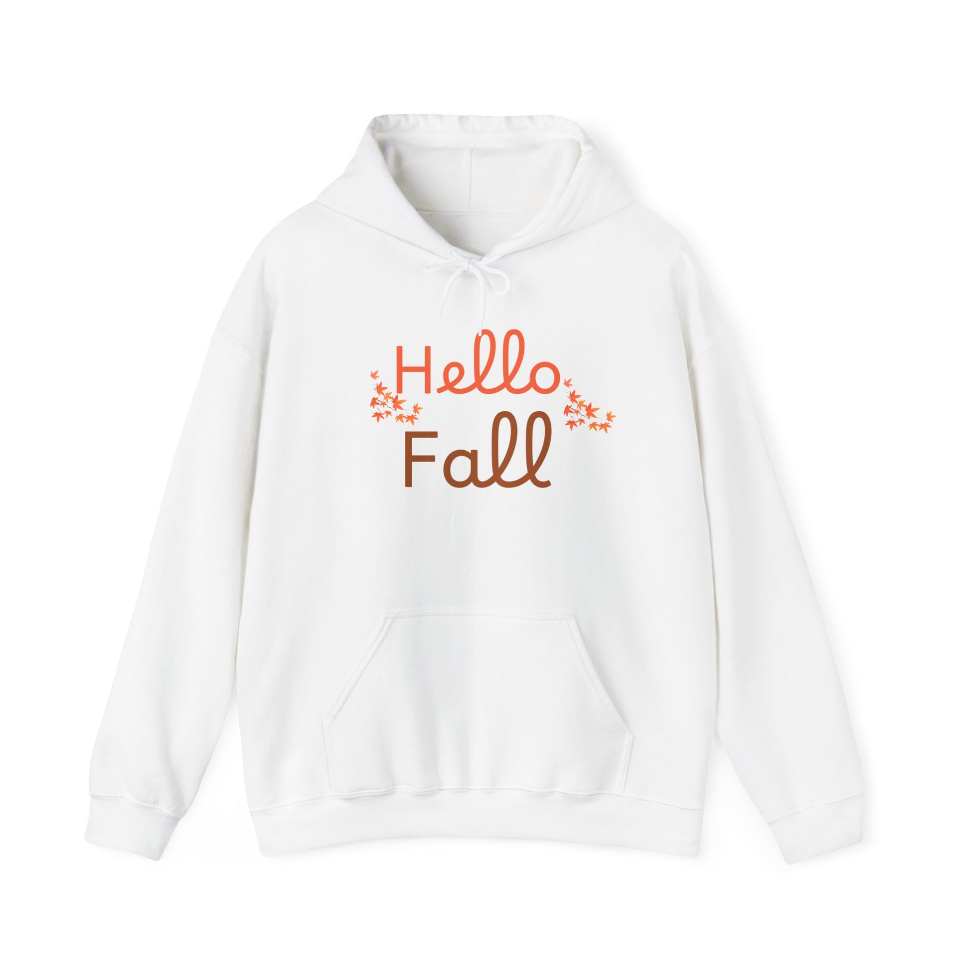 White hoodie with 'Hello Fall' text on a white background