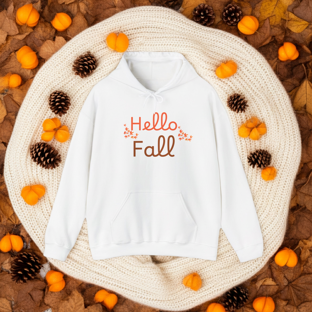 White sweatshirt with 'Hello Fall' text on a woven mat with pumpkins and pinecones.