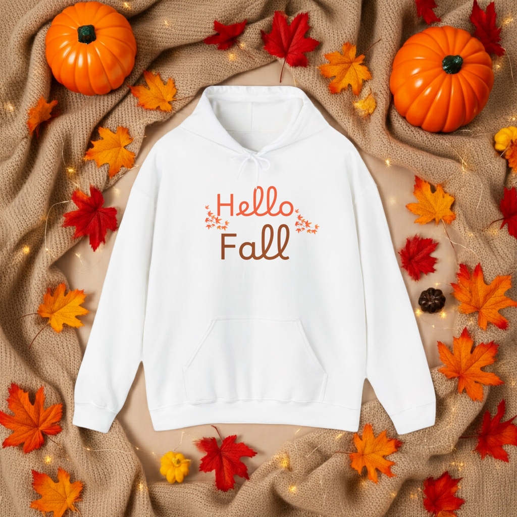 White hoodie with 'Hello Fall' text surrounded by autumn leaves and pumpkins on a textured fabric background.