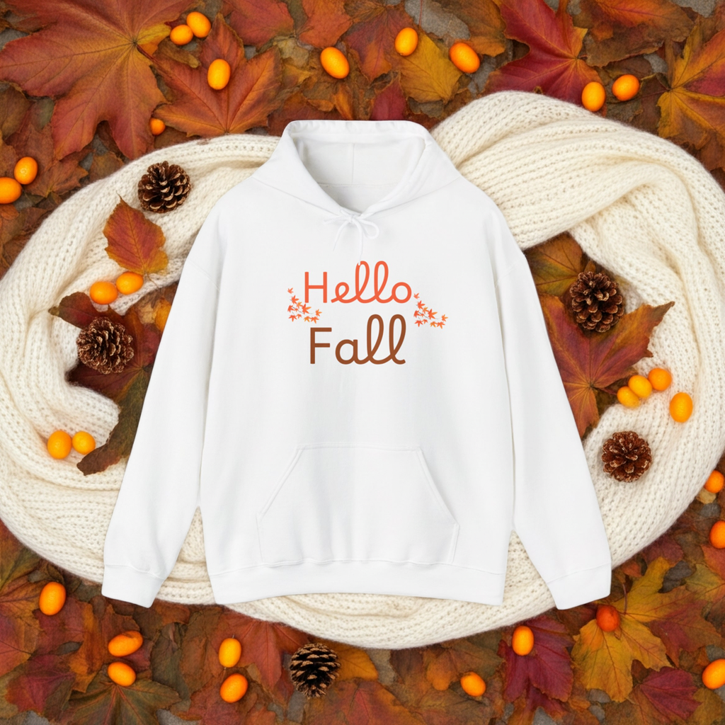 White sweatshirt with 'Hello Fall' text on a decorative background with autumn leaves and pinecones.