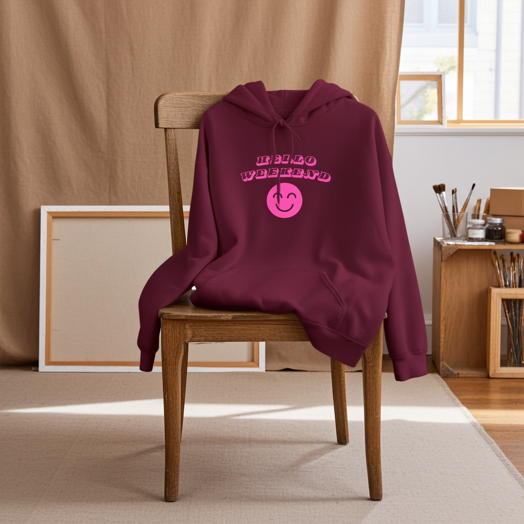 Maroon hoodie with pink text and smiley face on a wooden chair in a room.