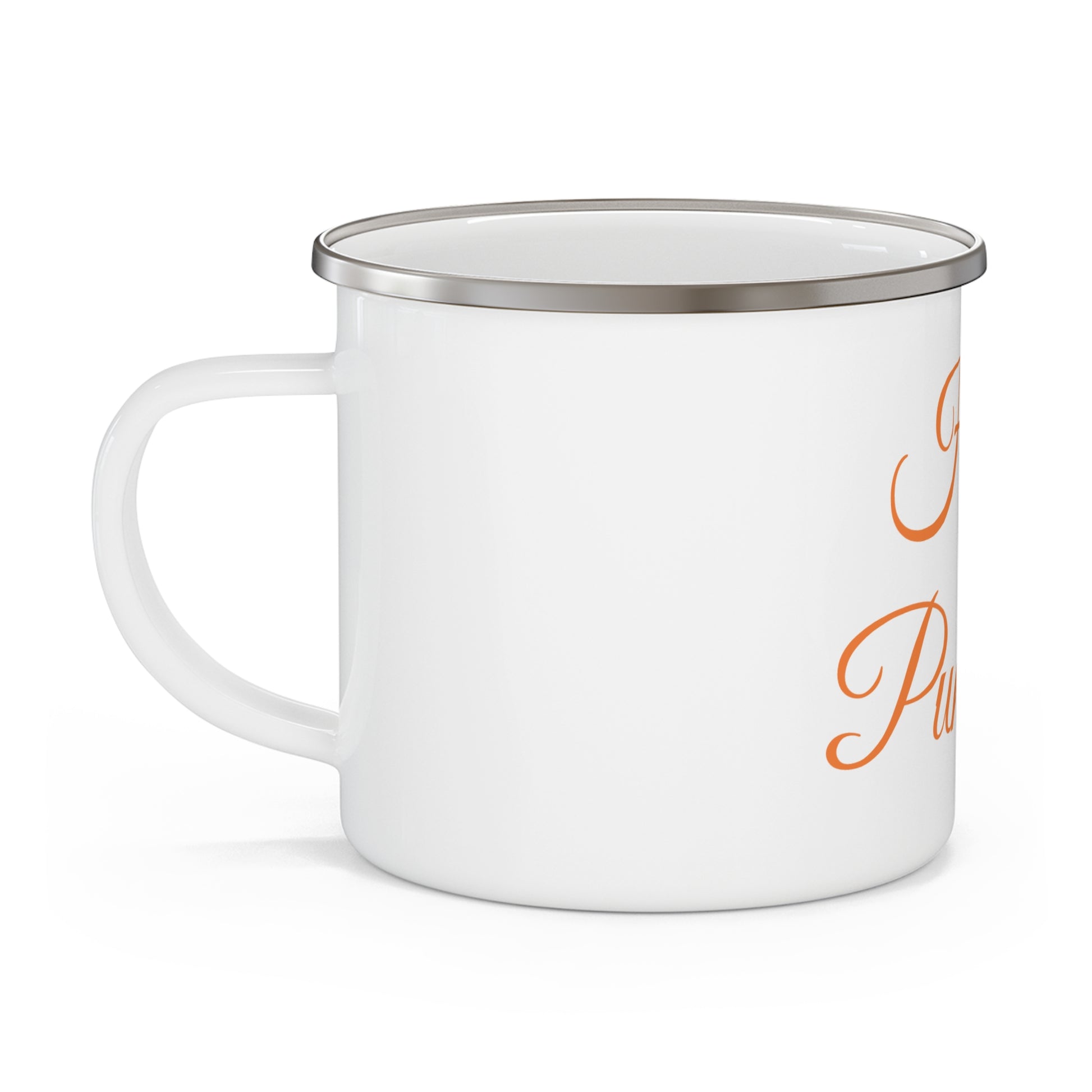 Hey Pumpkin Camping Mug – fall enamel mug with pumpkin design side view- left handle