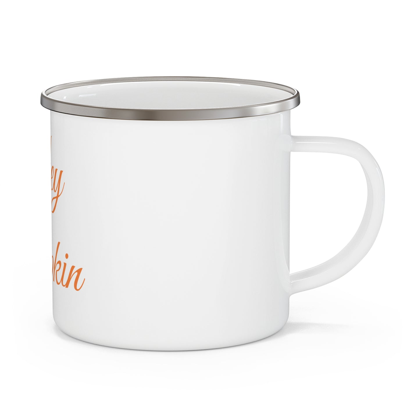Hey Pumpkin Camping Mug – fall enamel mug with pumpkin design side view- right handle