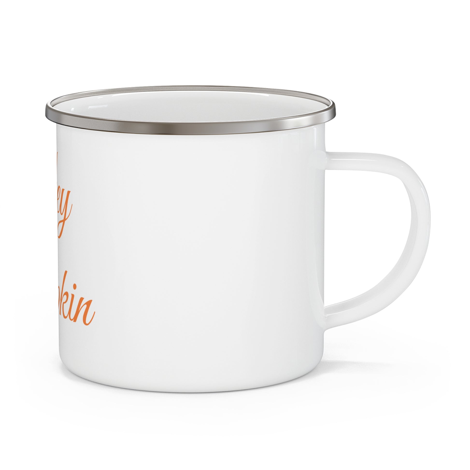 Hey Pumpkin Camping Mug – fall enamel mug with pumpkin design side view- right handle