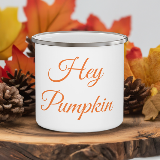 Hey Pumpkin camping mug with leaf background