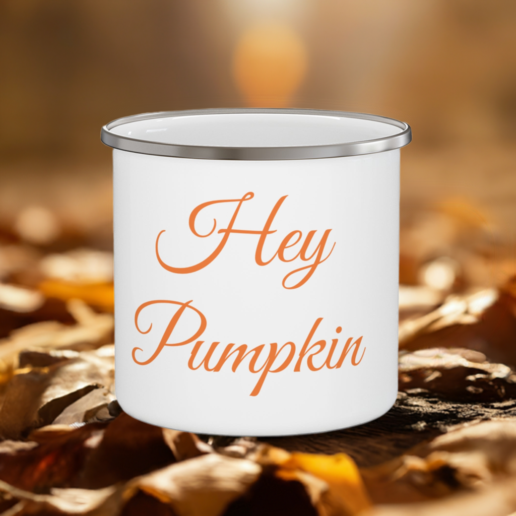 Hey Pumpkin enamel camping mug with leaf background