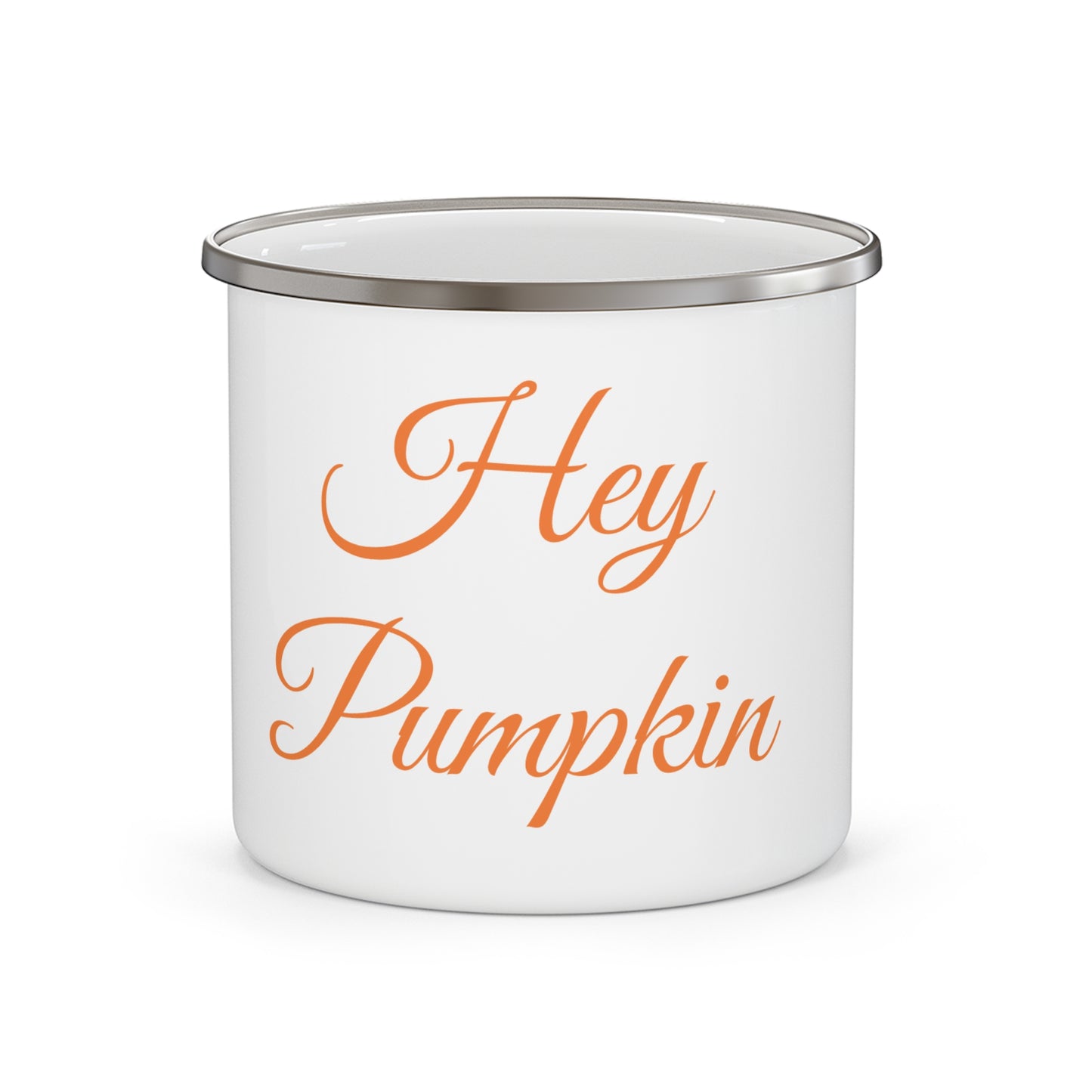 Hey Pumpkin Camping Mug – fall enamel mug with pumpkin design front view