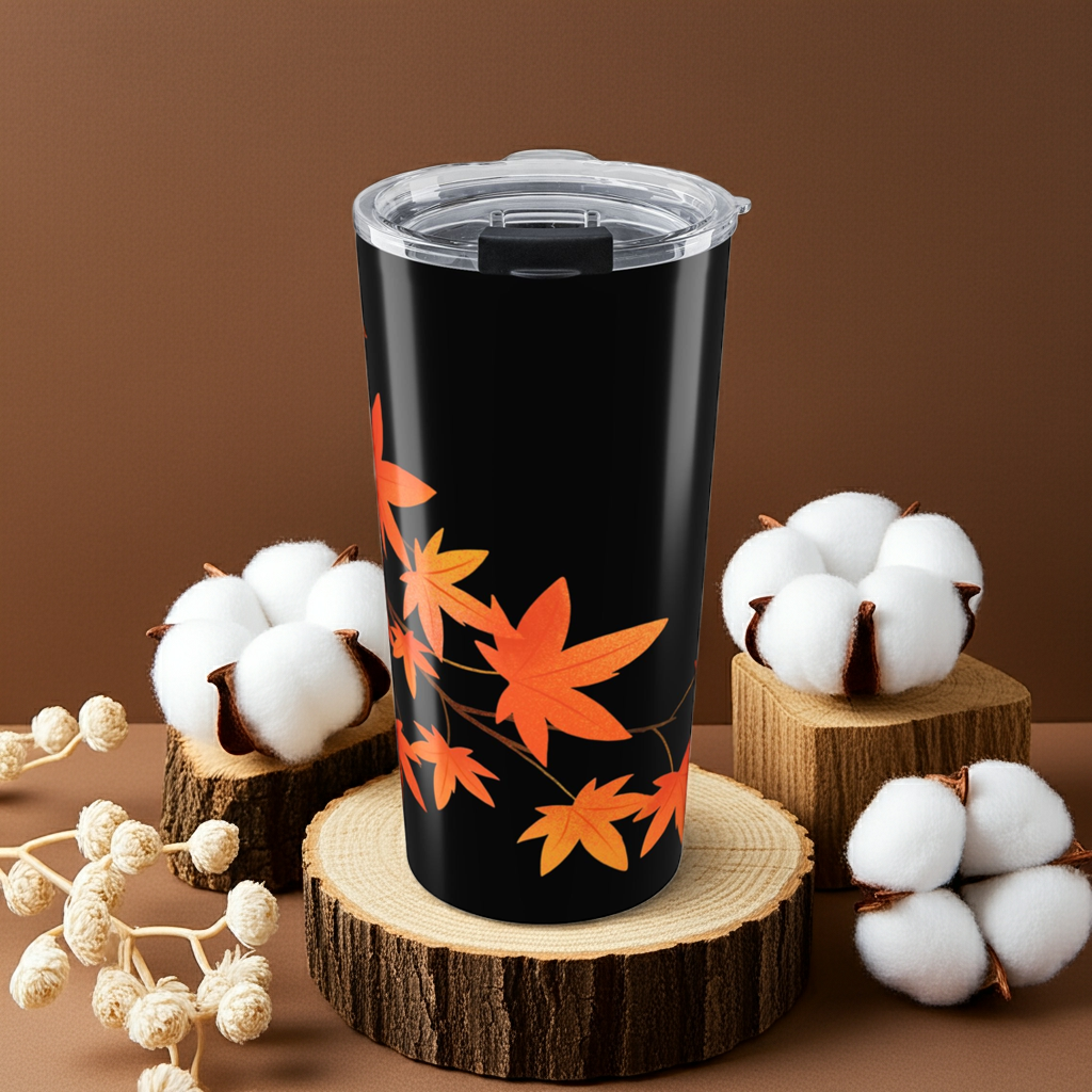Black tumbler with orange floral design on a wooden stand with cotton balls and dried flowers.