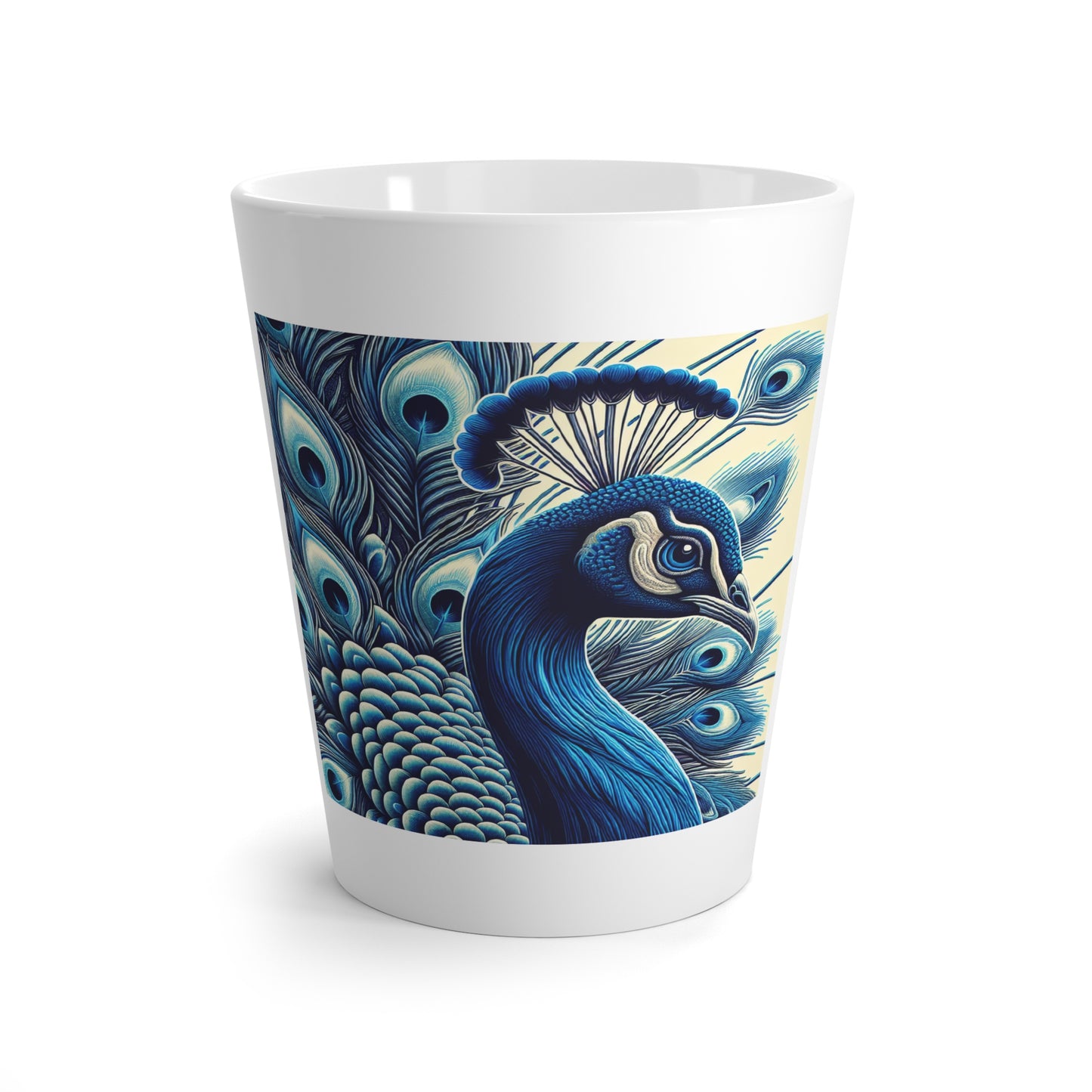 Majestic Peacock Latte Mug is a white ceramic latte mug with a printed design of a blue peacock on it, white background.