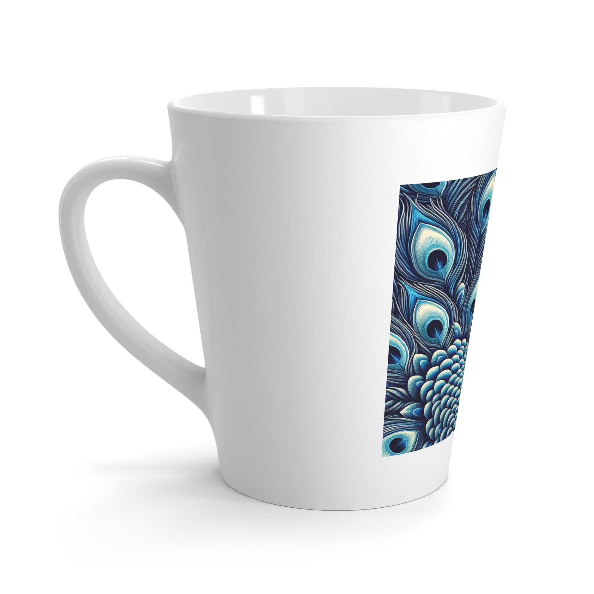 Majestic Peacock Latte Mug is a white ceramic latte mug with a printed design of a blue peacock on it, white background, left handle. 