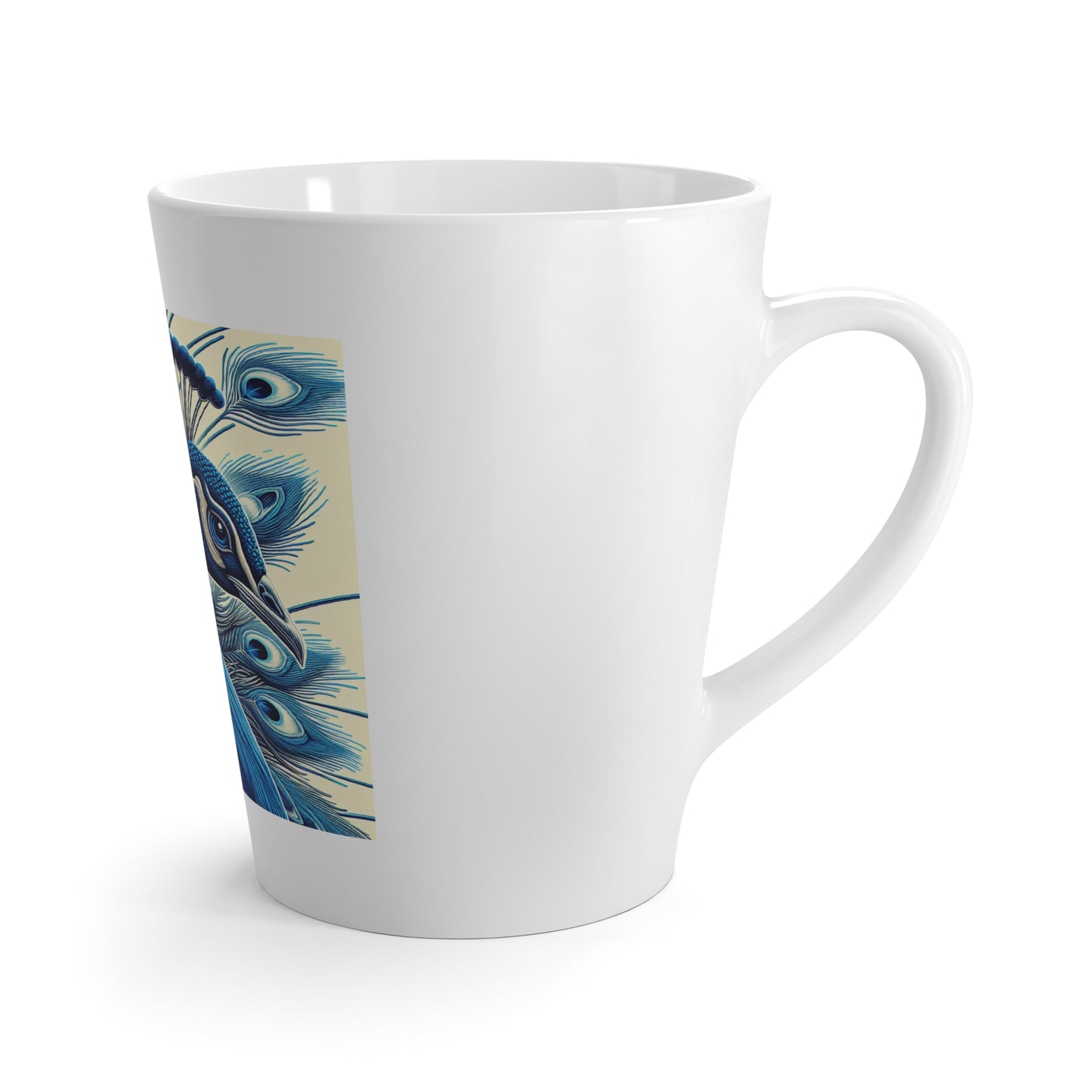 Majestic Peacock Latte Mug is a white ceramic latte mug with a printed design of a blue peacock on it, white background, right handle. 