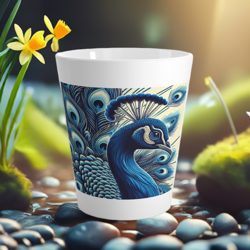 Majestic Peacock Latte Mug is a white ceramic latte mug with a printed design of a blue peacock on it, placed on river rocks with a river in the background.