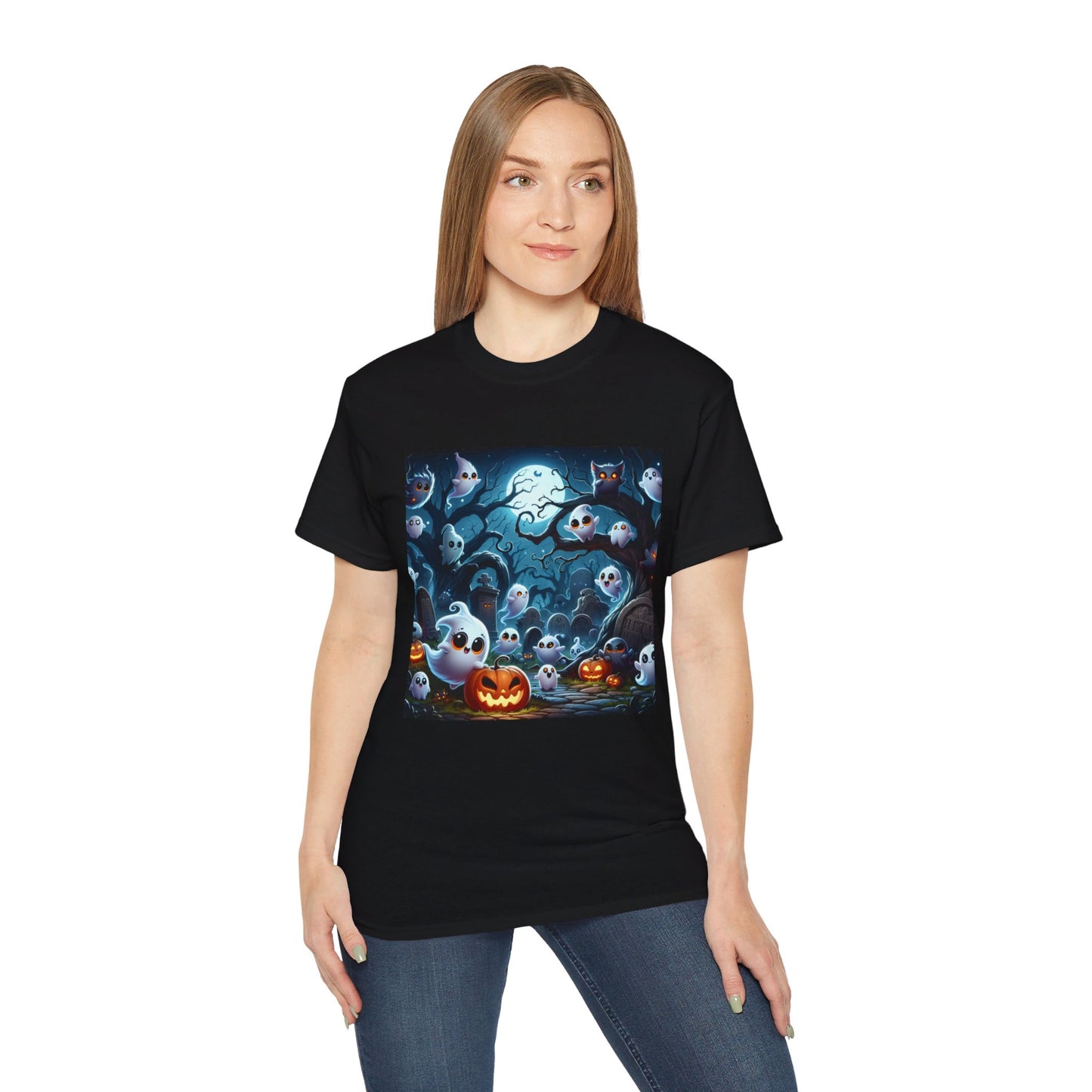 A person in a black t-shirt with a colorful Halloween graphic. The graphic includes multiple cartoon ghosts, a carved pumpkin, twisted trees, and a full moon. The shirt is black, and the background is dark, enhancing the brightness of the graphic elements. The ghosts are white with expressive eyes, and the pumpkin is orange with a carved face. The overall texture of the t-shirt is smooth, and the environment is casual.
