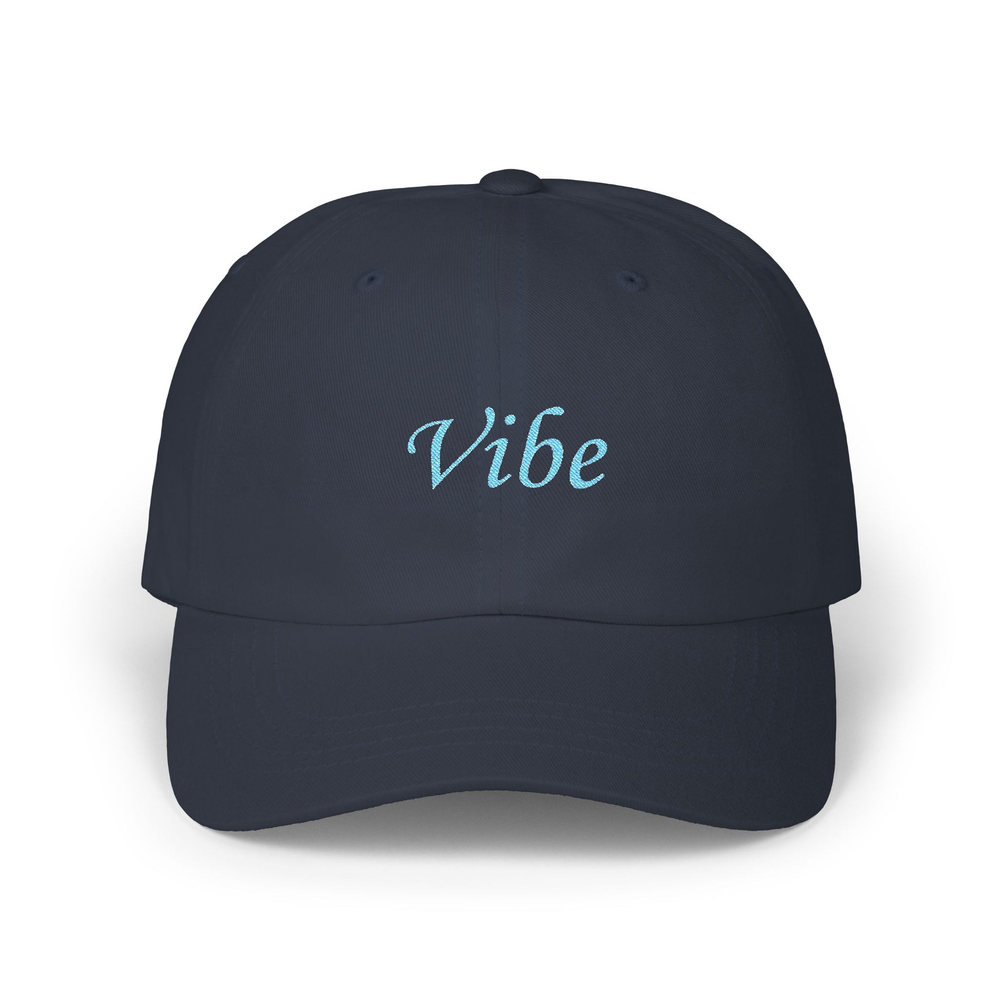This is a baseball cap in navy color with the word Vibe on it. 