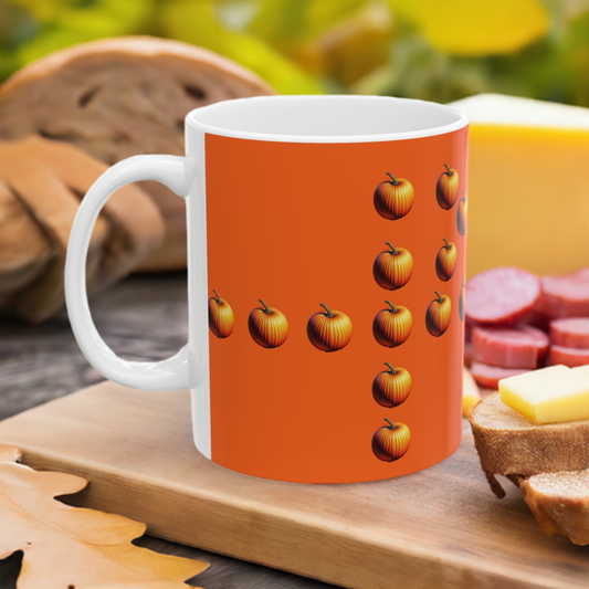 P for Pumpkin Ceramic Mug – pumpkin letter design 11oz white ceramic mug with breakfast items around. 