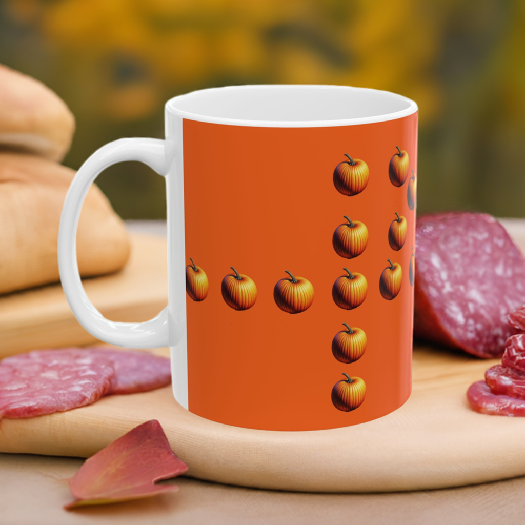 P for Pumpkin Ceramic Mug – pumpkin letter design 11oz white ceramic mug on a wood plate and salami decoration. 