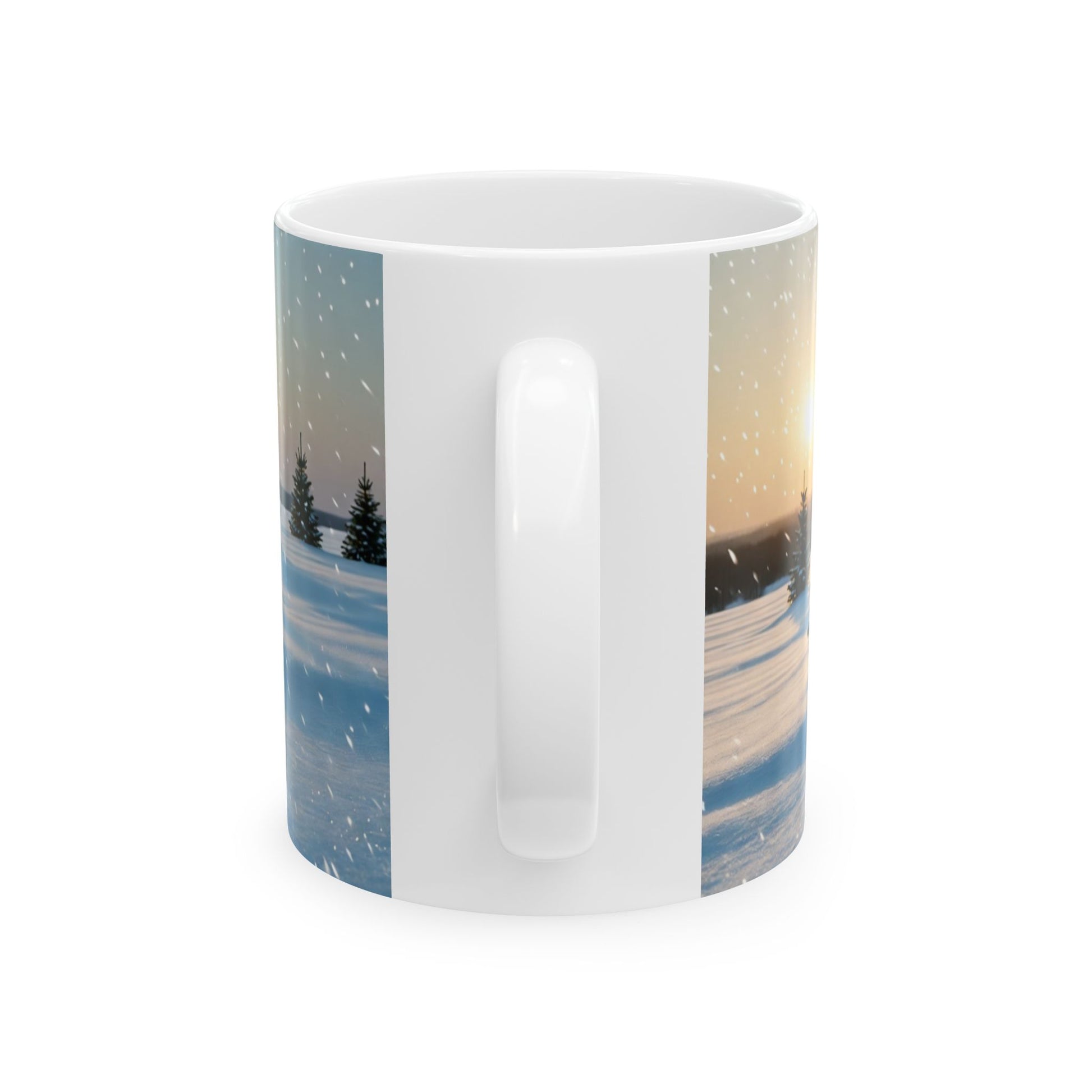 Mug with a winter landscape design featuring trees and snow.