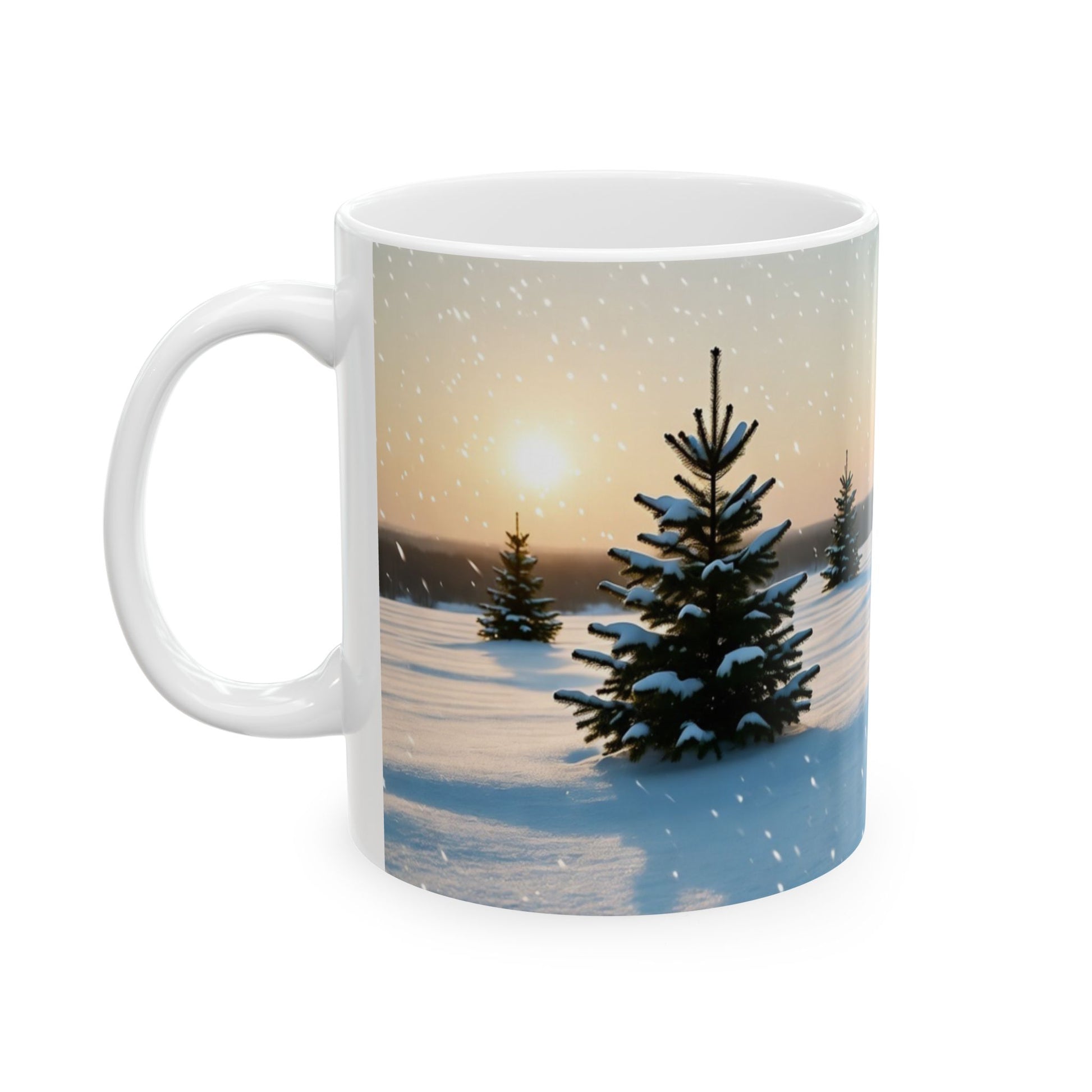 Mug with a winter scene of snow-covered trees and a sunset.
