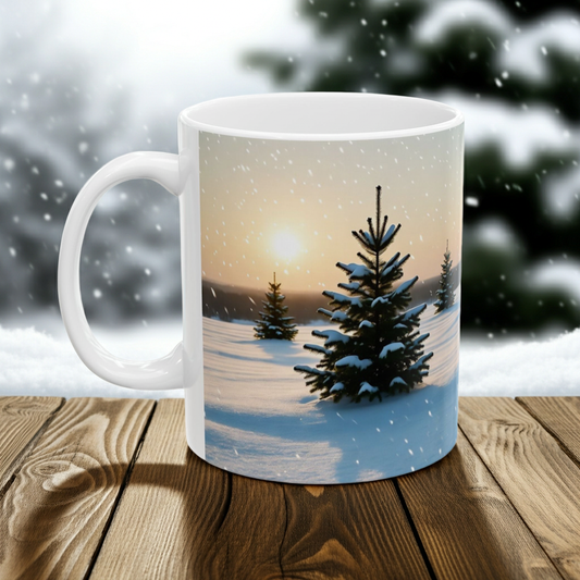 Peaceful Winter Morning Mug - on wood surface