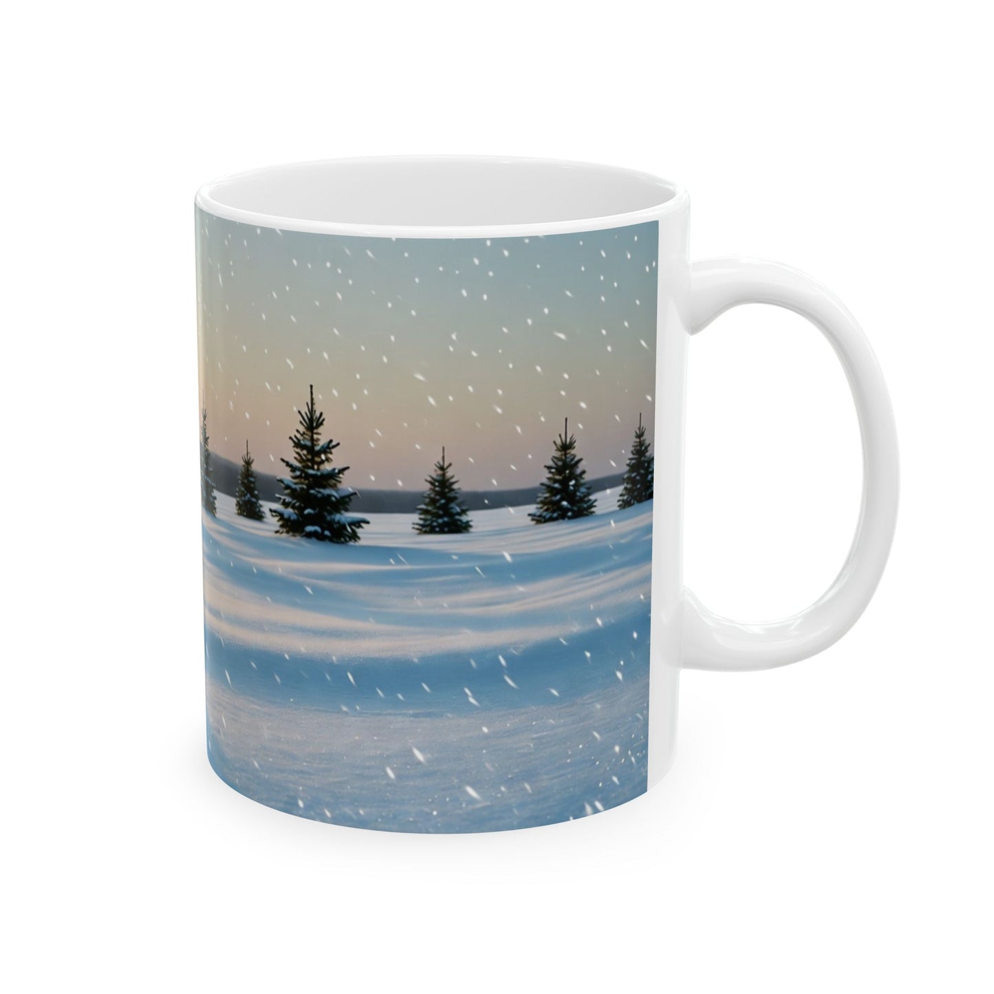 Mug with a winter scene of trees and snow on a white background
