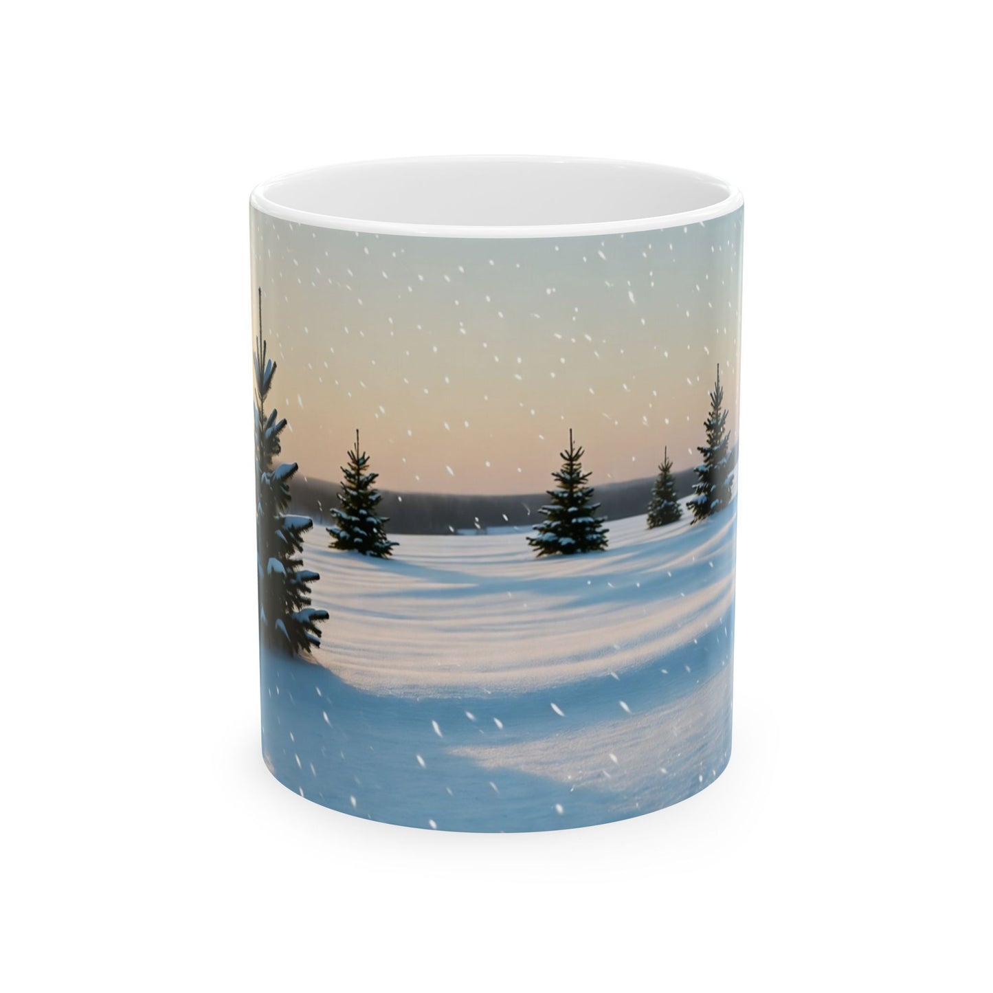 Mug with a winter landscape design featuring trees and snow on a white background