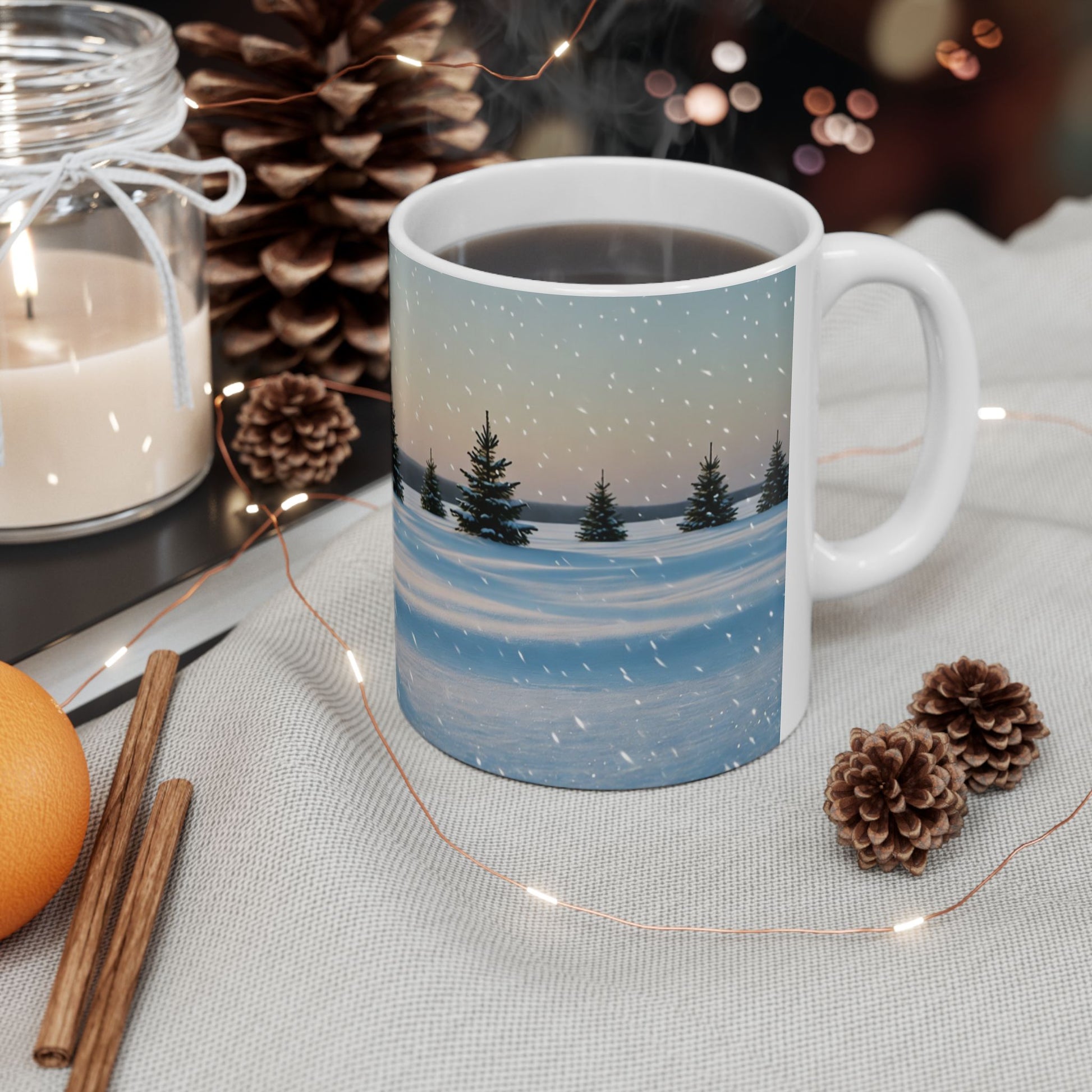 Mug with winter scene design on a table with decorative items