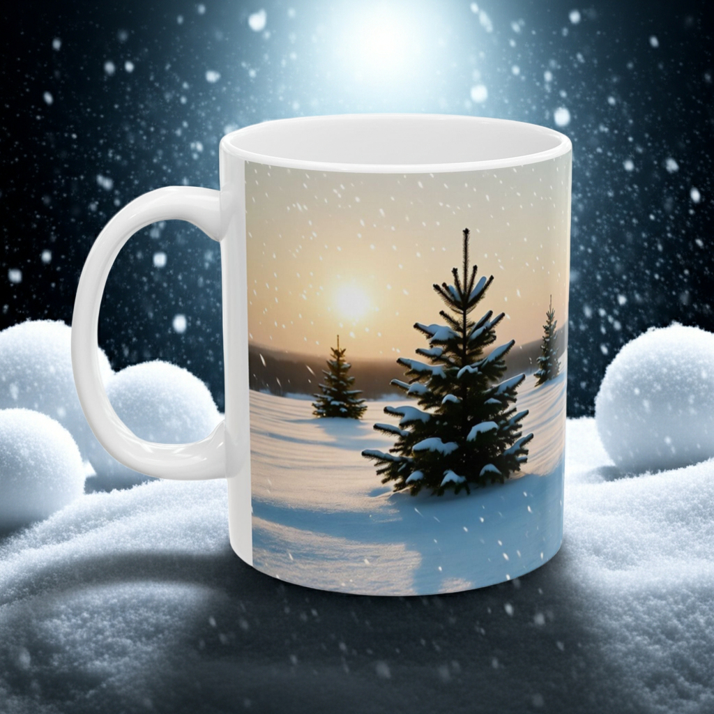 White mug with a winter scene of snow-covered trees and a sunset on a snowy landscape.
