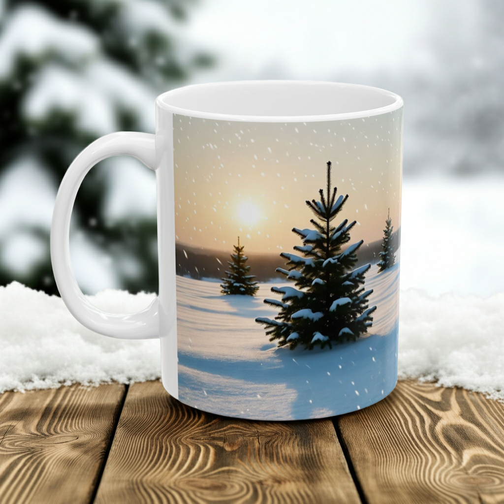 Mug with a winter scene of trees and sunset on a wooden surface with snow.