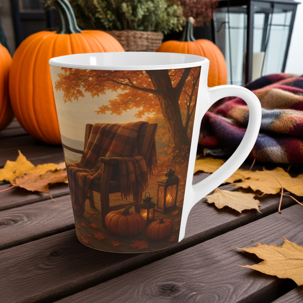Seaside Spice Fall Latte Mug with leaves and pumpkins