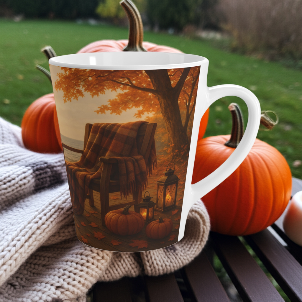 Seaside Spice Fall Latte Mug with pumpkin and blanket