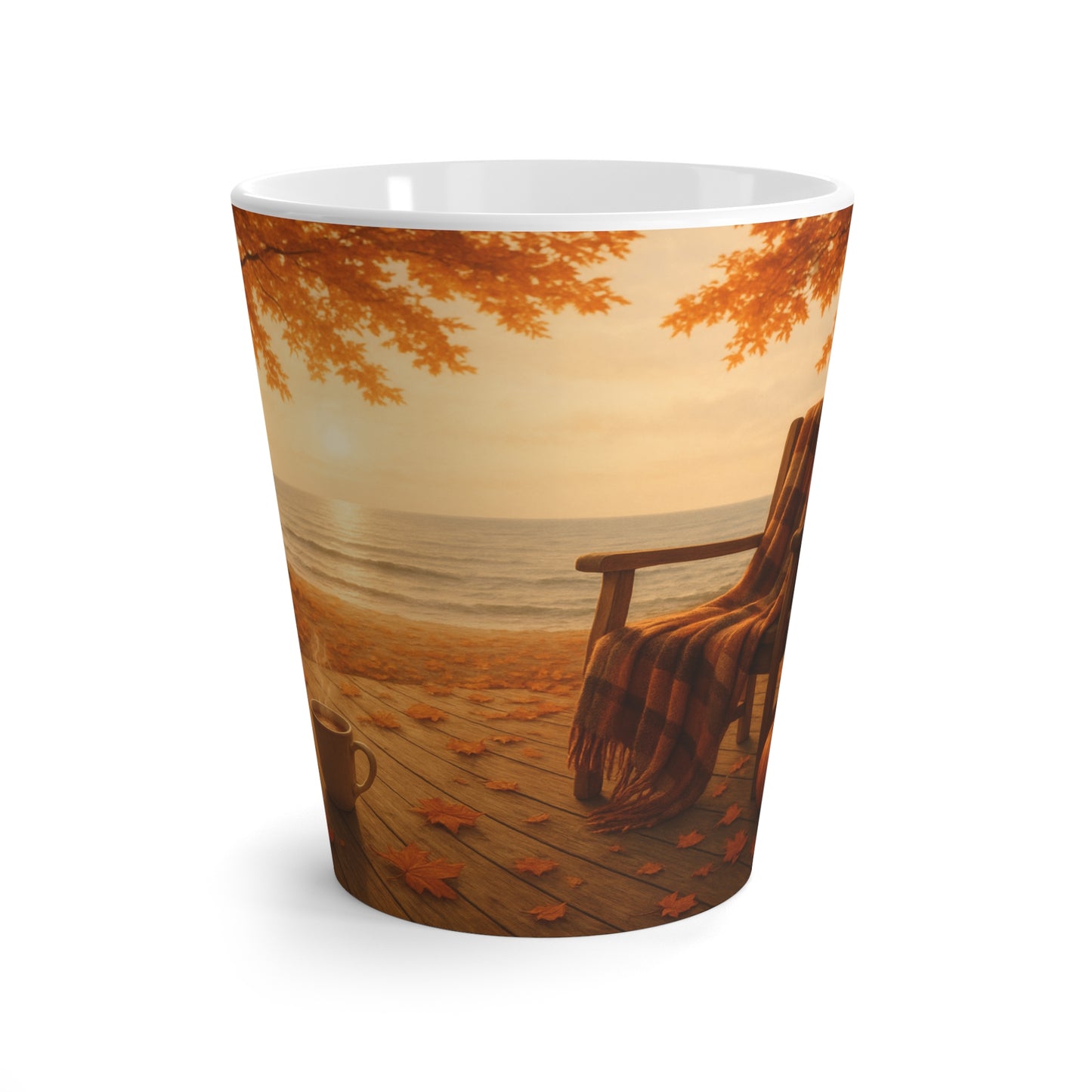 Mug with a scenic design of a chair on a dock during sunset.