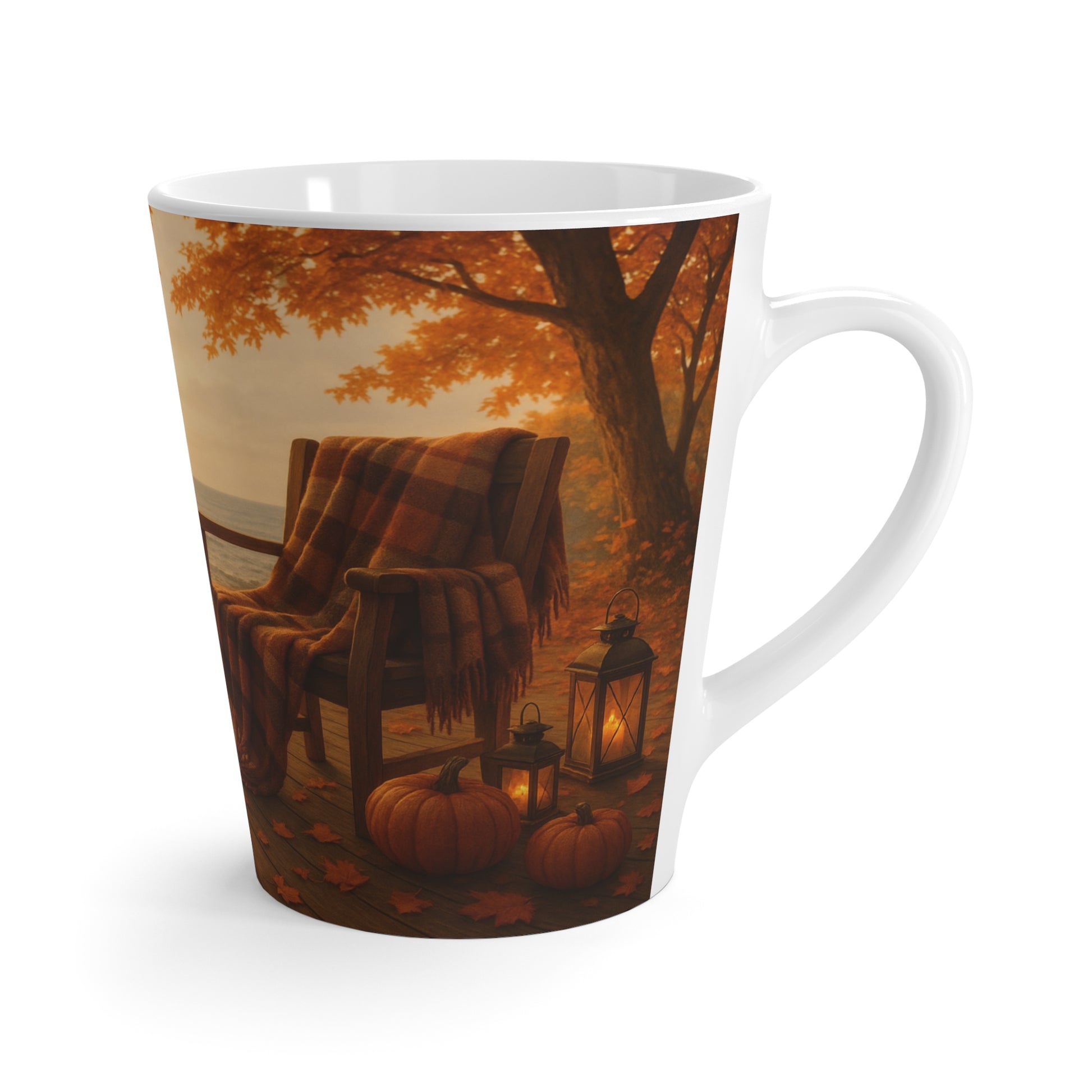 Mug with autumn scene featuring a cabin, pumpkins, and lanterns on a white background