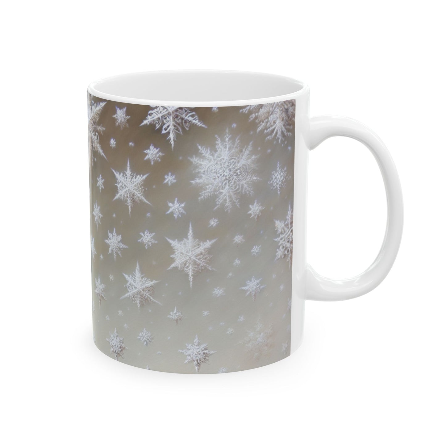 A white ceramic mug with a silver snowflake pattern white background. Right Handle