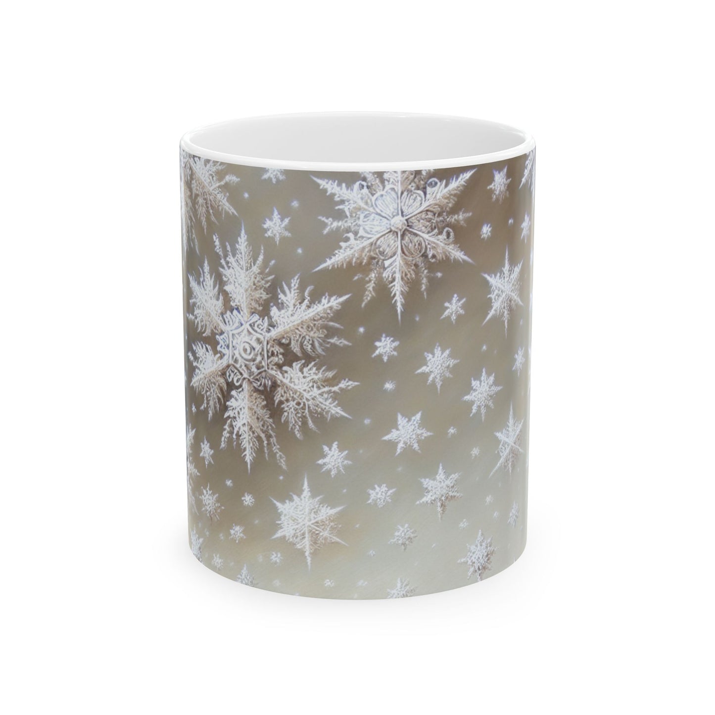 A white ceramic mug with a silver snowflake pattern with white background.