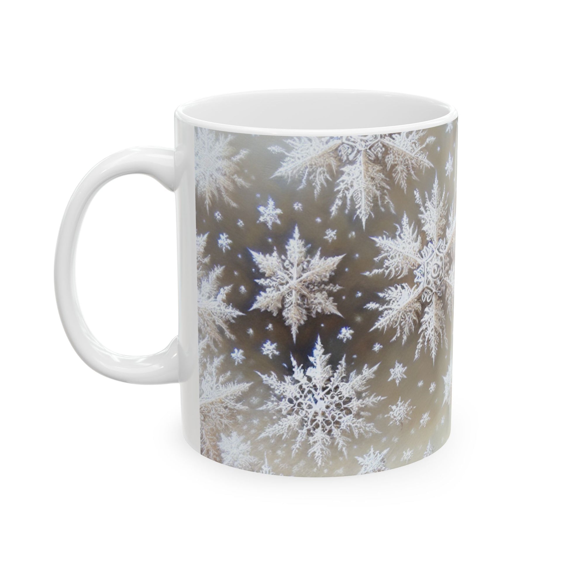 A white ceramic mug with a silver snowflake pattern white background. Left Handle