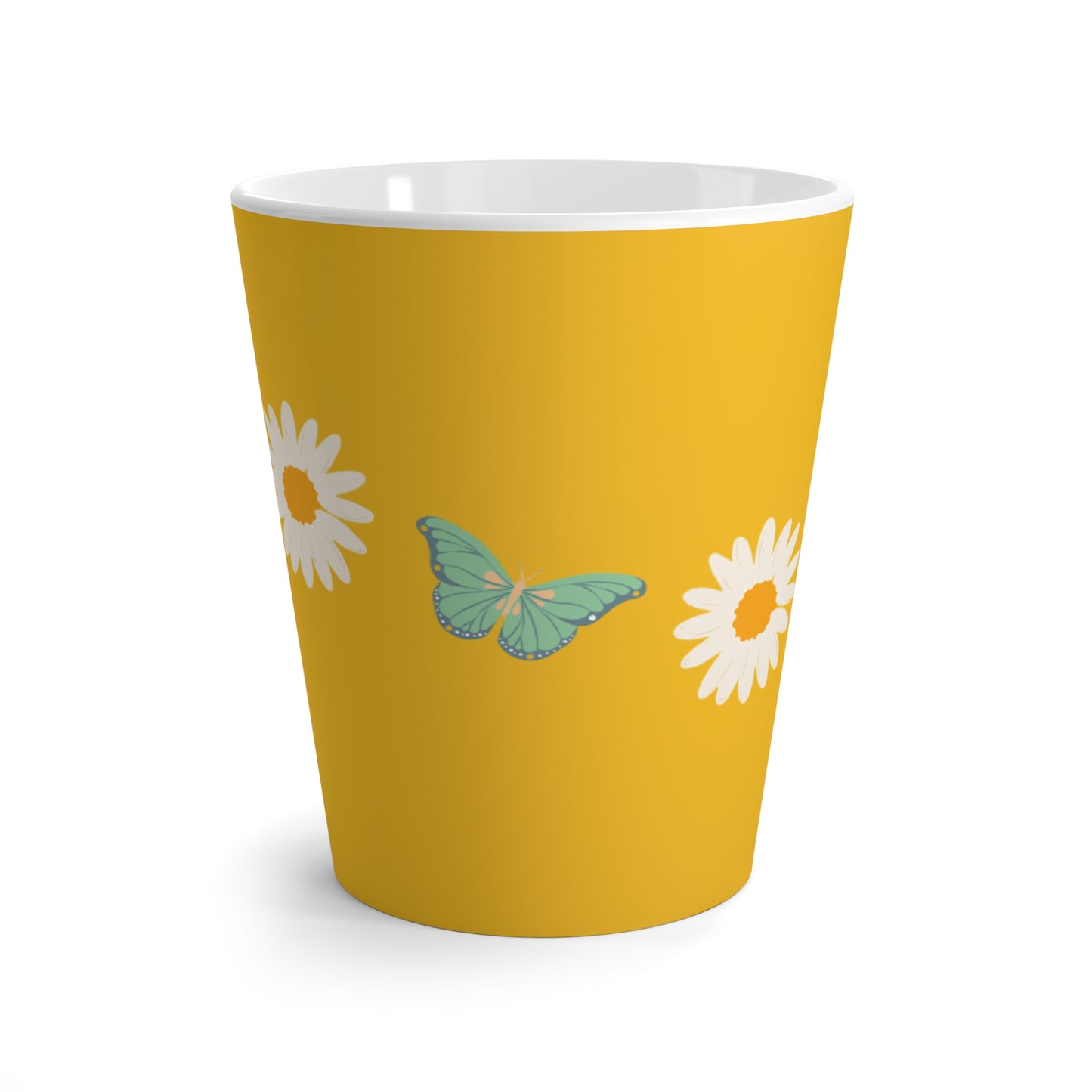 Springtime Bloom Latte Mug with daisy and butterfly print on white background