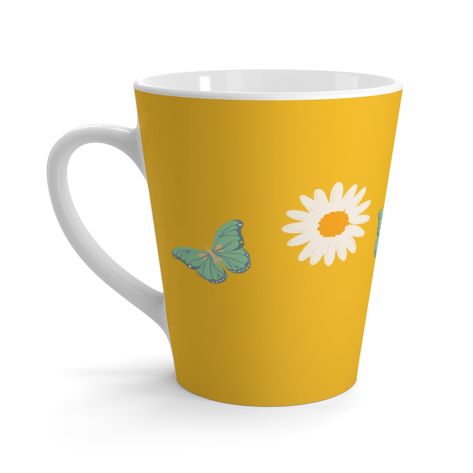 Close-up of Springtime Bloom Latte Mug with colorful spring flowers