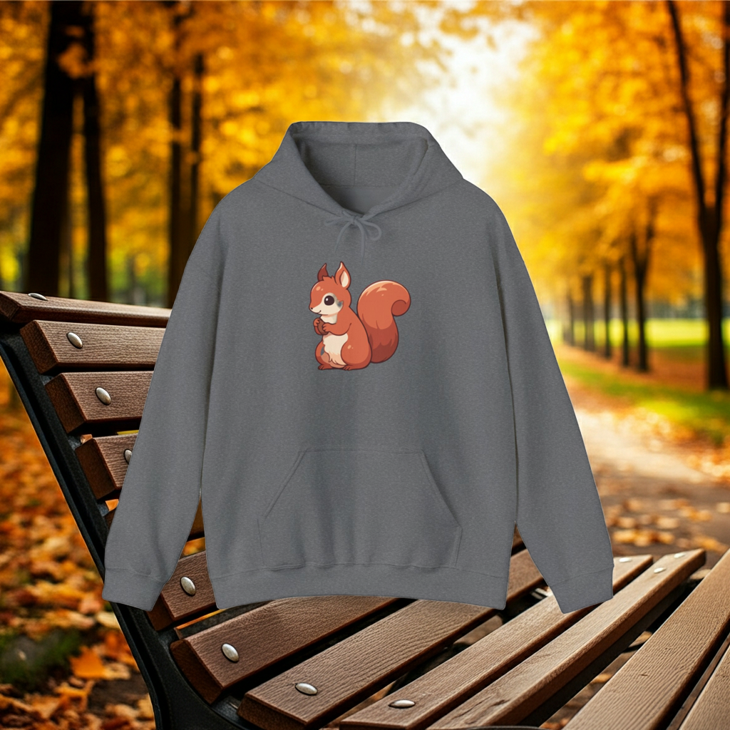 Gray hoodie with a squirrel design on a wooden bench in an autumn setting