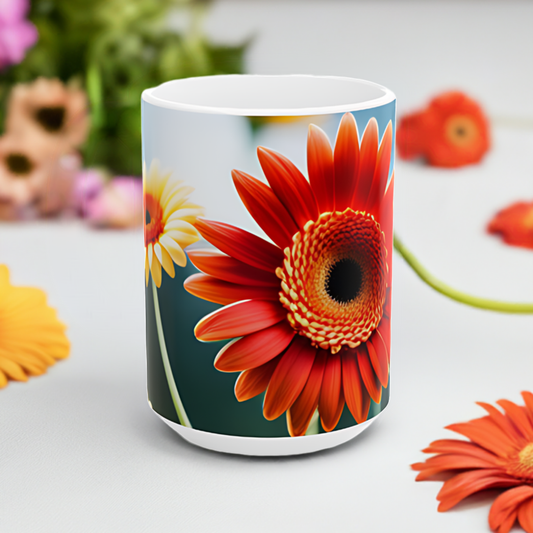 Sunshine Blooms: Vibrant Gerberas Ceramic Mug, (11oz, 15oz)