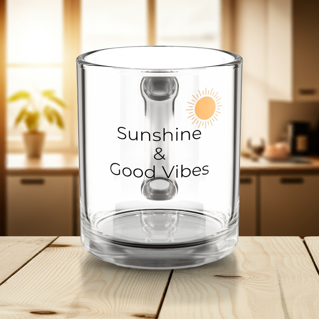 Sunshine and Good Vibes Clear Mug with kitchen background
