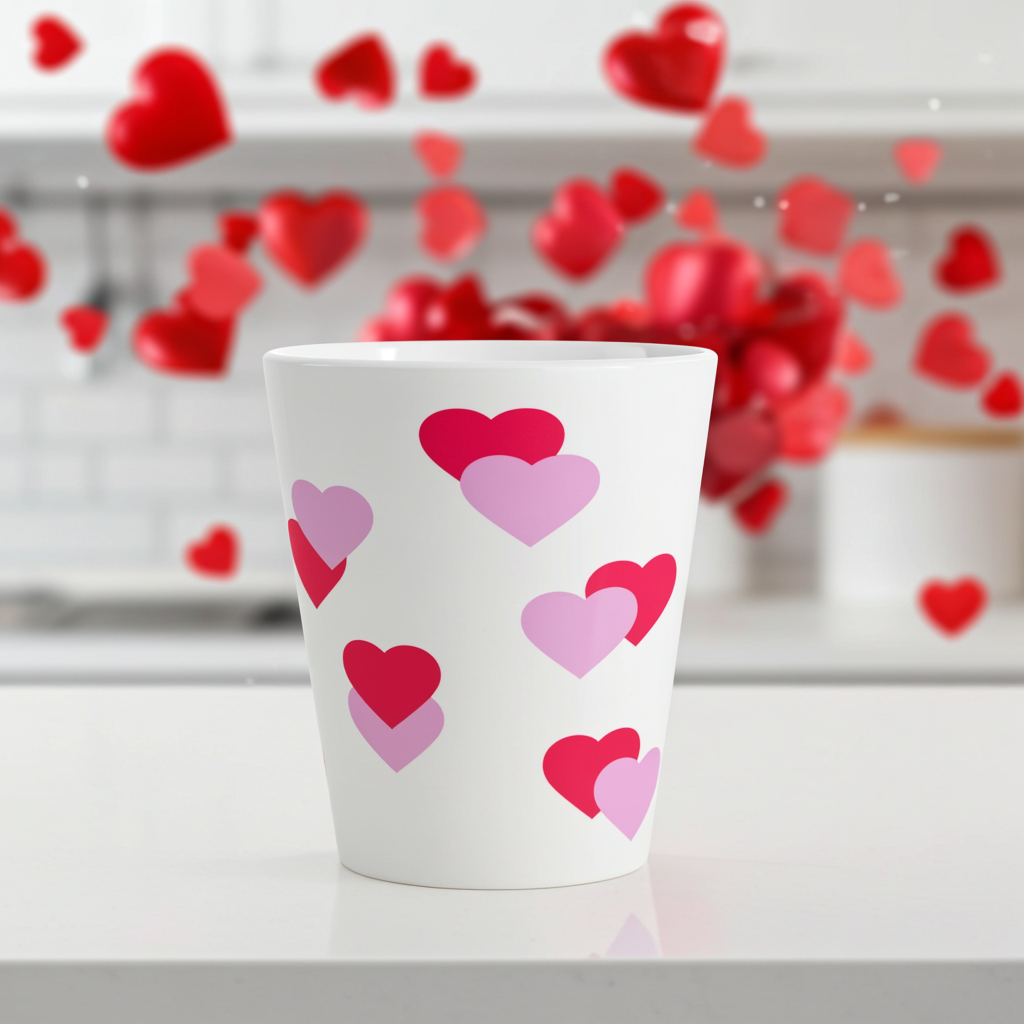 White cup with pink and red heart patterns on a white surface with heart decorations in the background.
