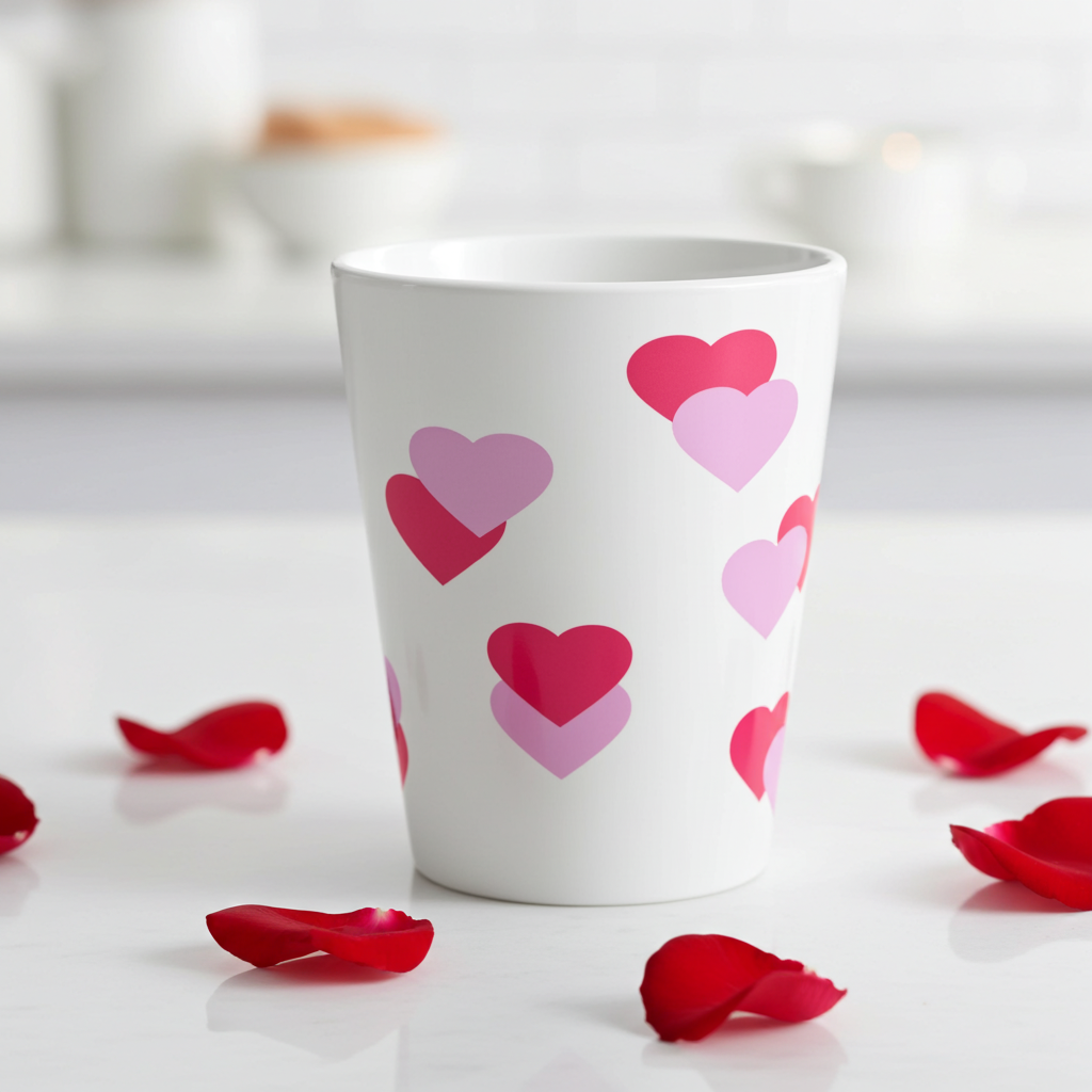 White mug with pink and red heart patterns on a white surface with red rose petals.