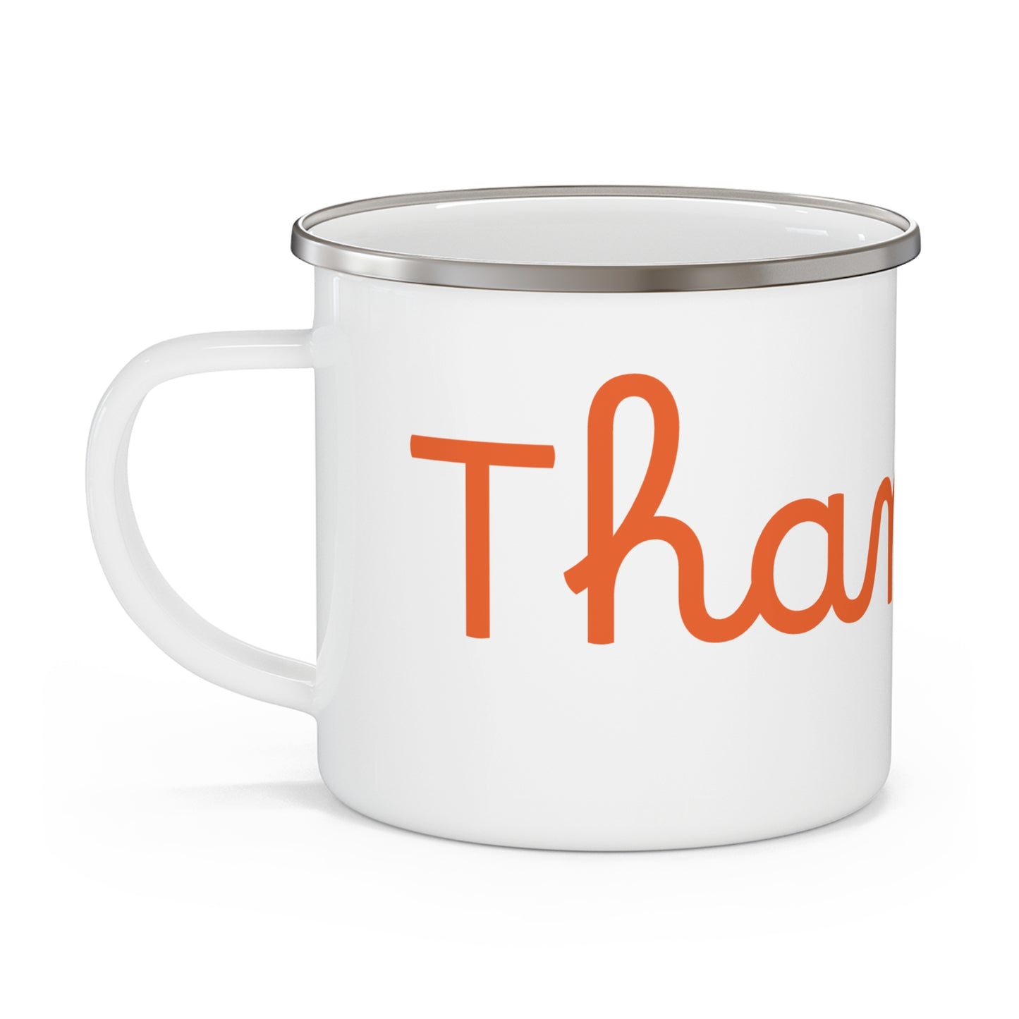 A white stainless steel camping mug with orange 'THANKFUL' text  with a white background. Left handle