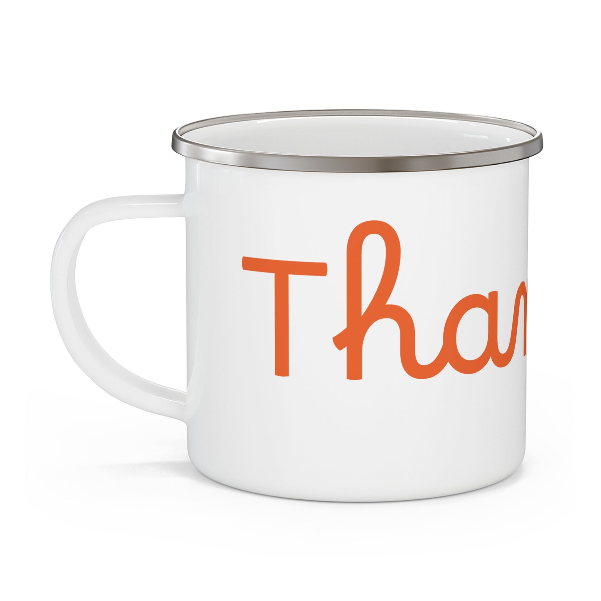 A white stainless steel camping mug with orange 'THANKFUL' text  with a white background. Left handle
